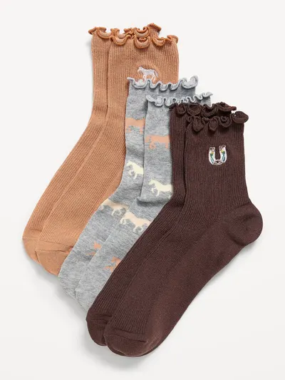 Ruffled Crew Sock 3-Pack for Women - Horses