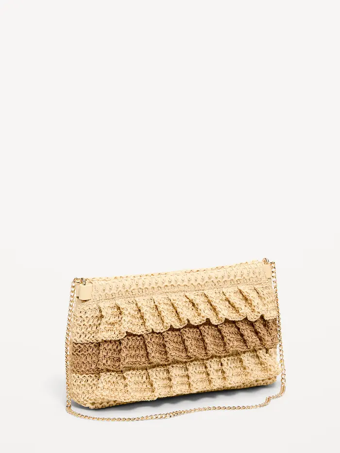 Ruffled Raffia Shoulder Bag - Natural White
