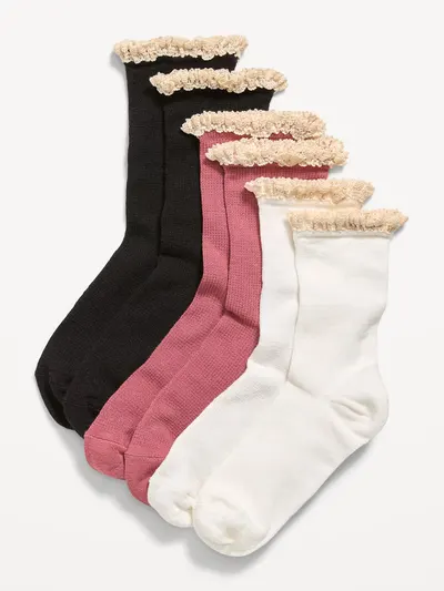 Ruffled Waffle Knit Socks 3-Pack for Girls - Neutral