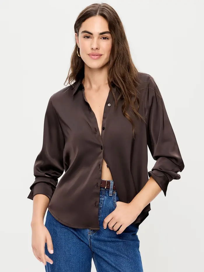 Satin Button-Down Shirt - Black Coffee
