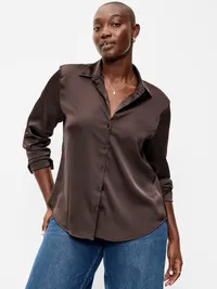 Satin Button-Down Shirt - Black Coffee — view 5
