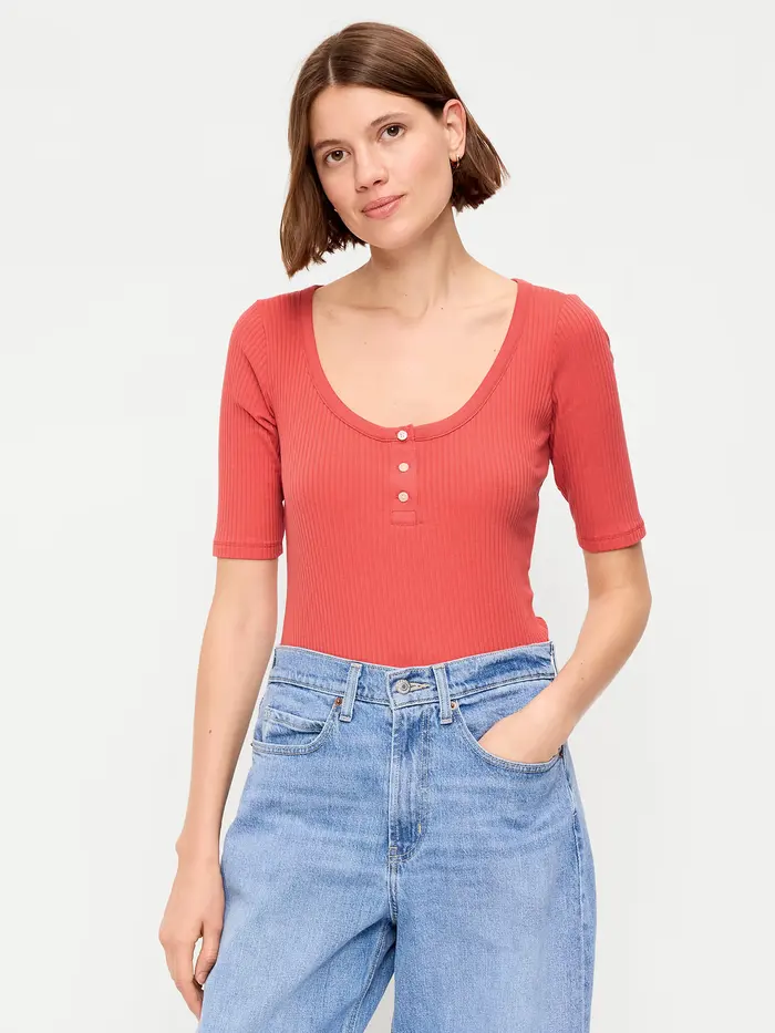 Scoop-Neck Fitted Henley Top - Ginger Cake
