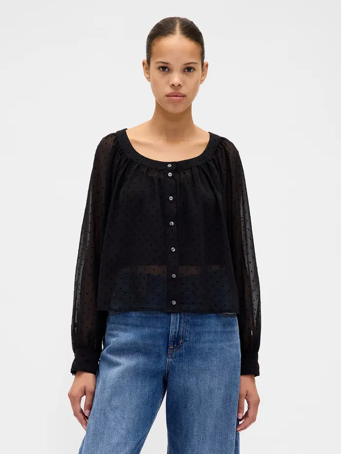 Sheer Button-Front Top - Black flocked dot