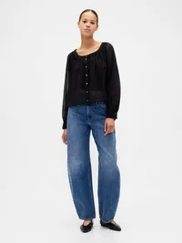 Sheer Button-Front Top - Black flocked dot — view 2