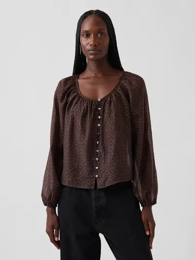 Sheer Voile Button-Front Top - Brown leopard print