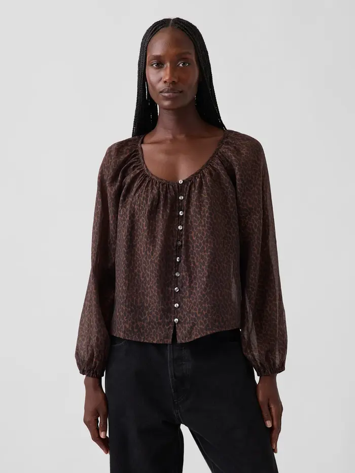 Sheer Voile Button-Front Top - Brown leopard print