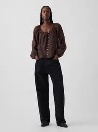 Sheer Voile Button-Front Top - Brown leopard print — view 2