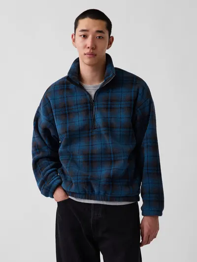 Sherpa Oversized Half-Zip Pullover - BLUE GREY PLAID