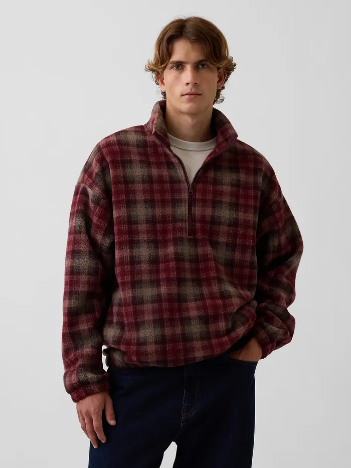 Sherpa Oversized Half-Zip Pullover - red plaid