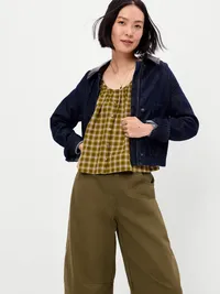 Short-Sleeve Button-Front Plaid Top - Green Plaid — view 3