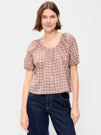 Short-Sleeve Button-Front Plaid Top - Pink Plaid