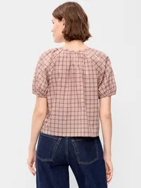 Short-Sleeve Button-Front Plaid Top - Pink Plaid — view 2