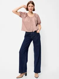 Short-Sleeve Button-Front Plaid Top - Pink Plaid — view 3