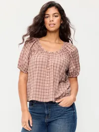 Short-Sleeve Button-Front Plaid Top - Pink Plaid — view 5