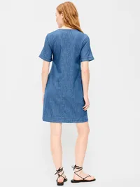Short-Sleeve Denim Mini Shift Dress - Medium Wash — view 2