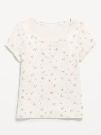 Short-Sleeve Henley Top for Girls - Cream Ditsy Floral