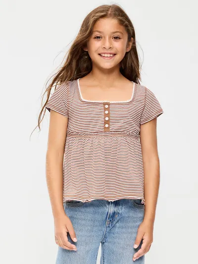 Short-Sleeve Henley Top for Girls - Earth Brown Stripe