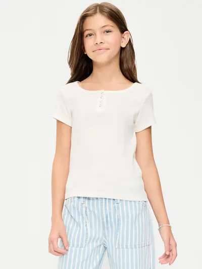 Short-Sleeve Henley Top for Girls - Sea Salt
