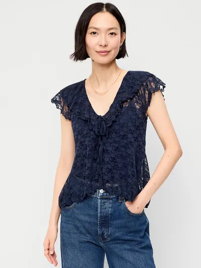Short-Sleeve Open-Front Lace Ruffle Top - Arctic Depth