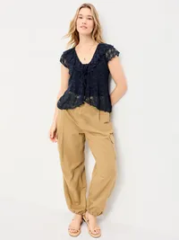 Short-Sleeve Open-Front Lace Ruffle Top - Arctic Depth — view 3