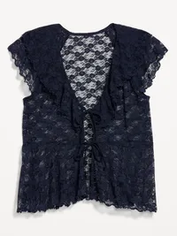 Short-Sleeve Open-Front Lace Ruffle Top - Arctic Depth — view 5