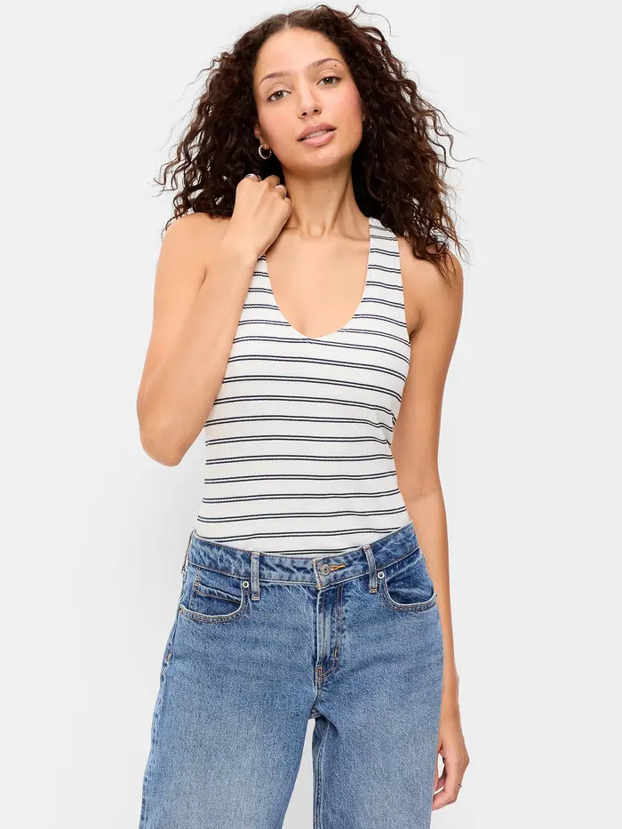 Sleeveless Ribbed Loop-Back Tank Top - Navy Stripe