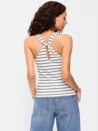 Sleeveless Ribbed Loop-Back Tank Top - Navy Stripe — view 2