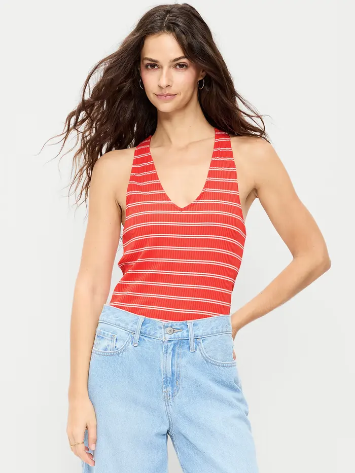 Sleeveless Ribbed Loop-Back Tank Top - Red Stripe
