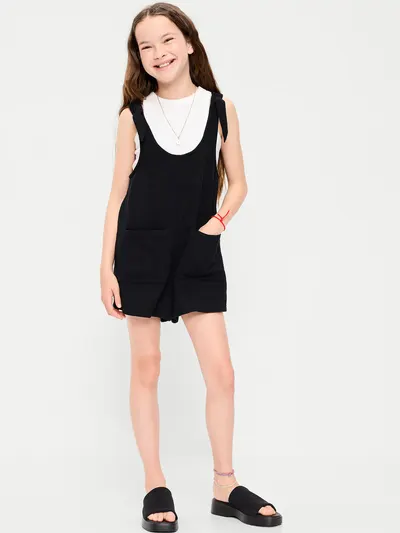 Sleeveless Tie-Strap Double-Weave Romper for Girls - Black Jack