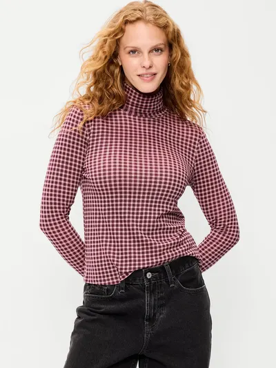 Slim-Fit Printed Turtleneck - Red Gingham