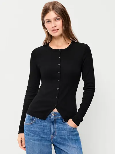 Snug Long-Sleeve Button-Front Ribbed Top - Black Jack