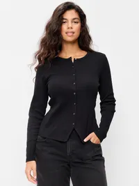 Snug Long-Sleeve Button-Front Ribbed Top - Black Jack — view 5