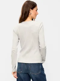 Snug Long-Sleeve Button-Front Ribbed Top - Light Heather Gray — view 2