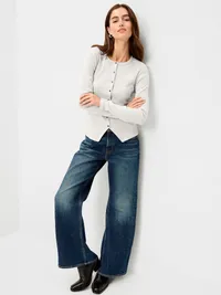 Snug Long-Sleeve Button-Front Ribbed Top - Light Heather Gray — view 3