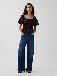 Square-Neck Peplum Top - Brown — view 2