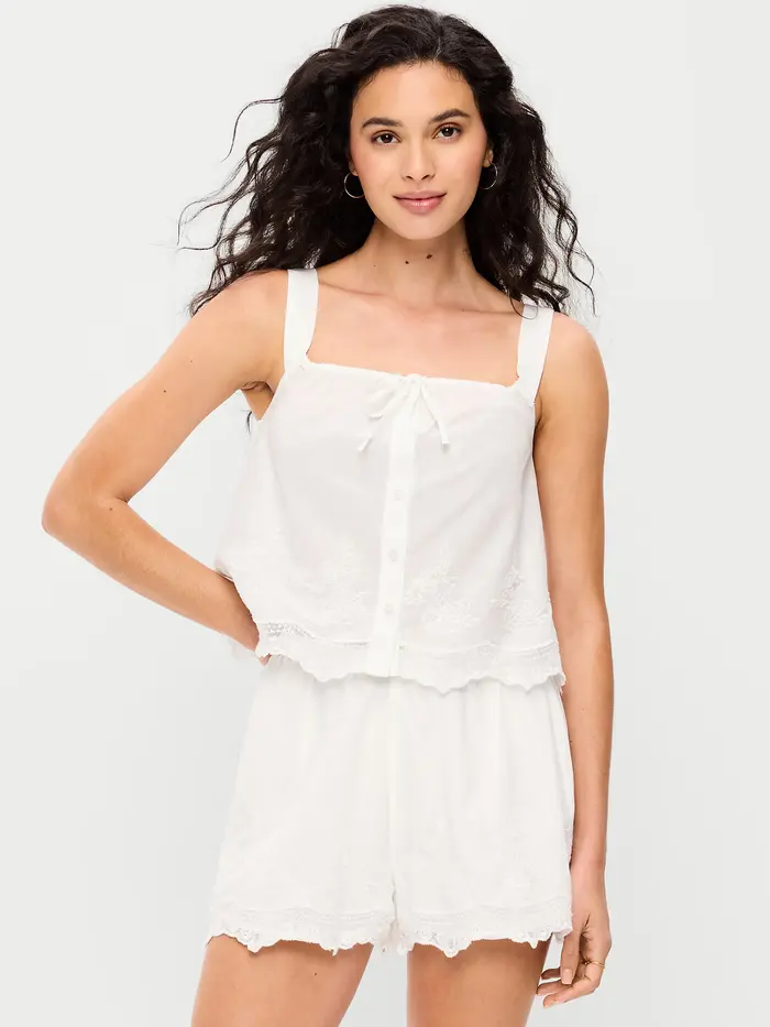Tie-Front Cami Tank Top - White Lilies