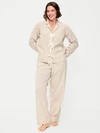 Tie-Front Poplin Pajama Pant Set - Neutral Stripe — view 4