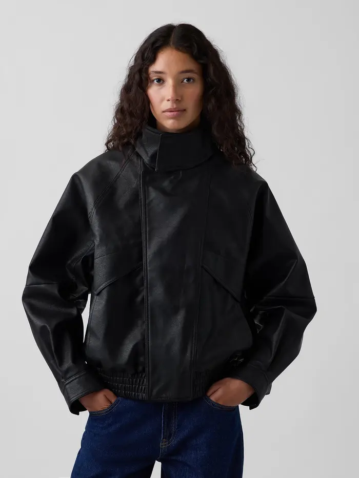 Vegan Leather Oversized Bomber Jacket - Black