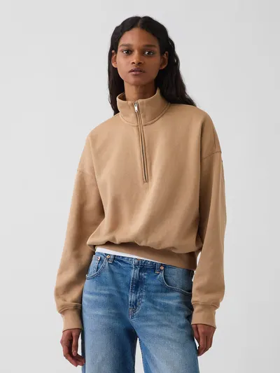 VintageSoft Oversized Half-Zip Wedge Pullover - Camel hair tan