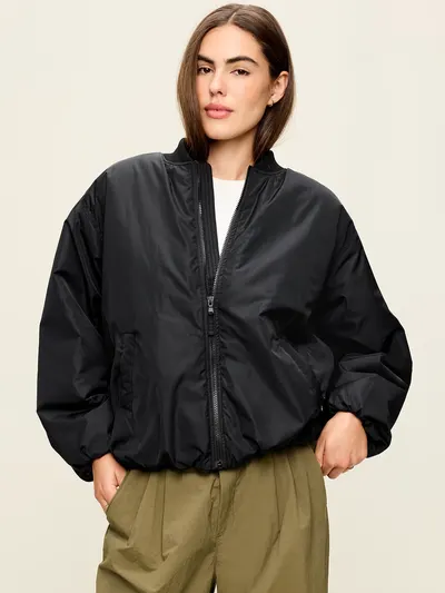 Water-Resistant Oversized Bubble-Hem Zip Bomber Jacket - Black Jack