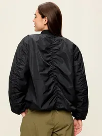 Water-Resistant Oversized Bubble-Hem Zip Bomber Jacket - Black Jack — view 2